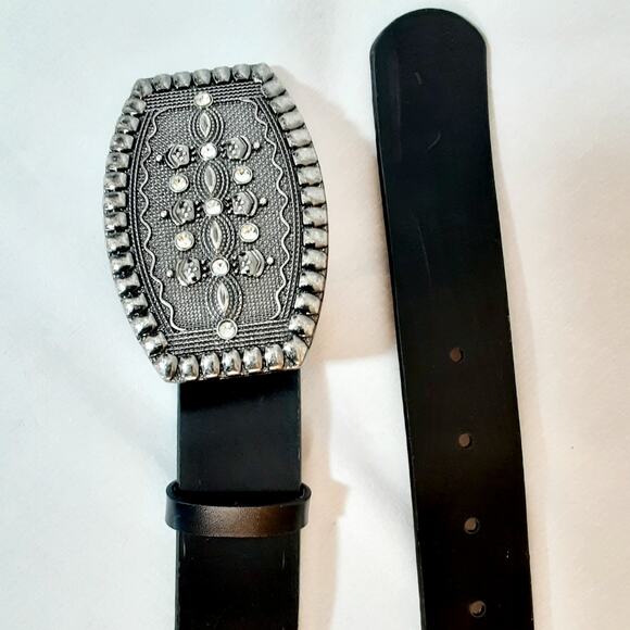 Womens Black Leather Belt Large Waist Jumbo Gray Ornate Oval Metal Buckle main image 5